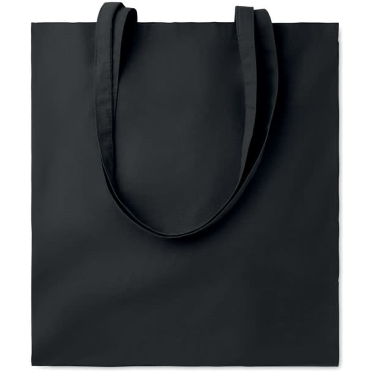 A black tote bag with two handles, featuring a simple and minimalist design.