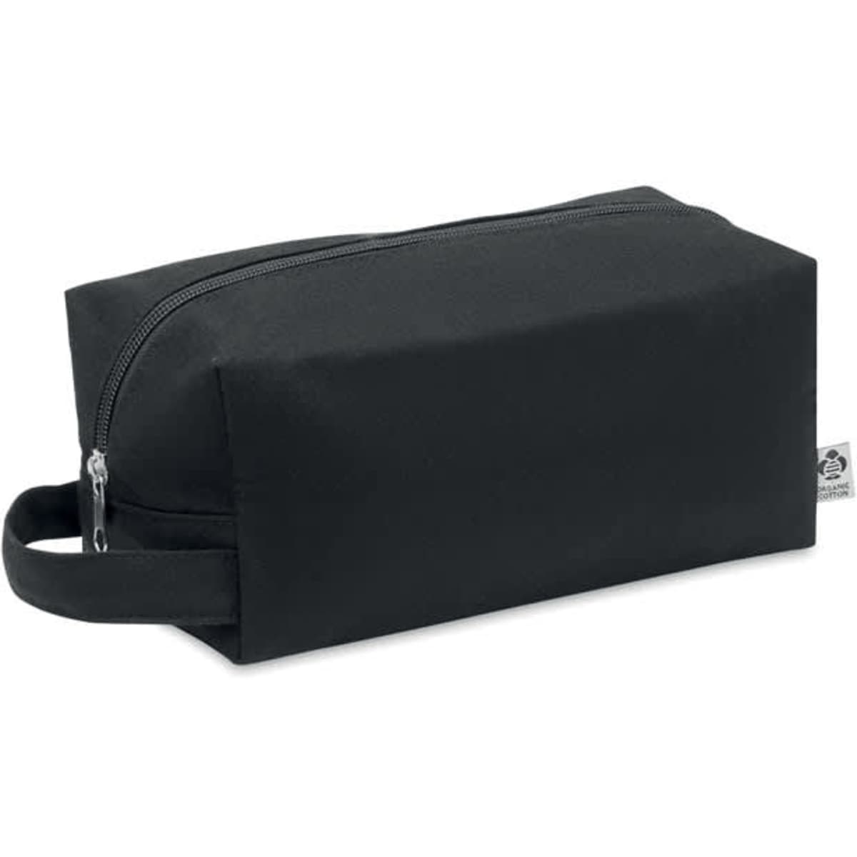 A black zippered toiletry bag with a rectangular shape and a side handle. Features a simple, plain design.