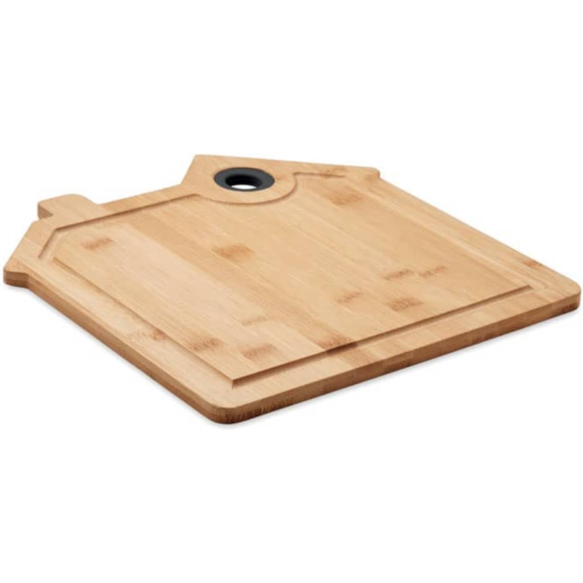 A bamboo cutting board in the shape of a house, featuring a handle and a circular hole for hanging.