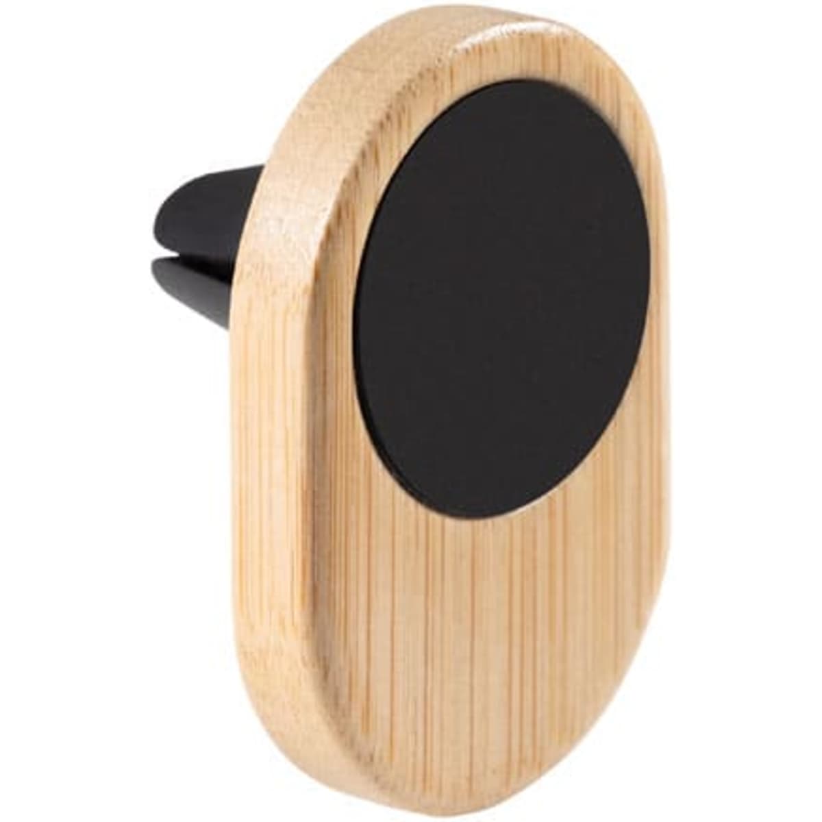 A car vent phone holder made of bamboo with a black circular pad at the front. Features a branding logo.