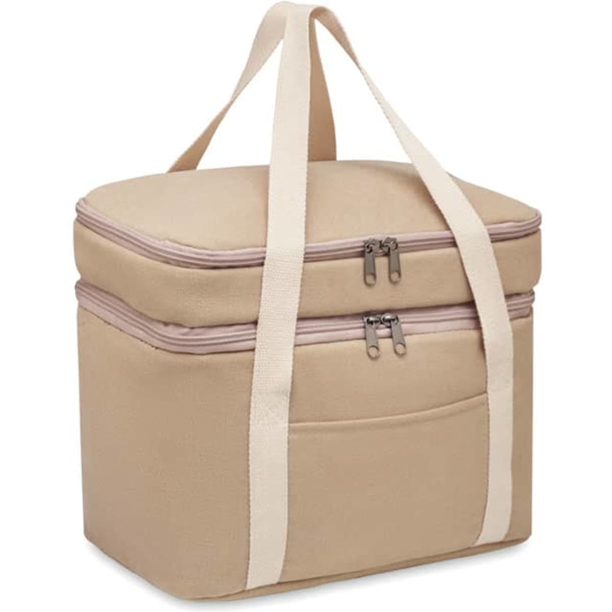 A soft beige cooler bag with double zip compartments and sturdy handles, featuring a front pocket.