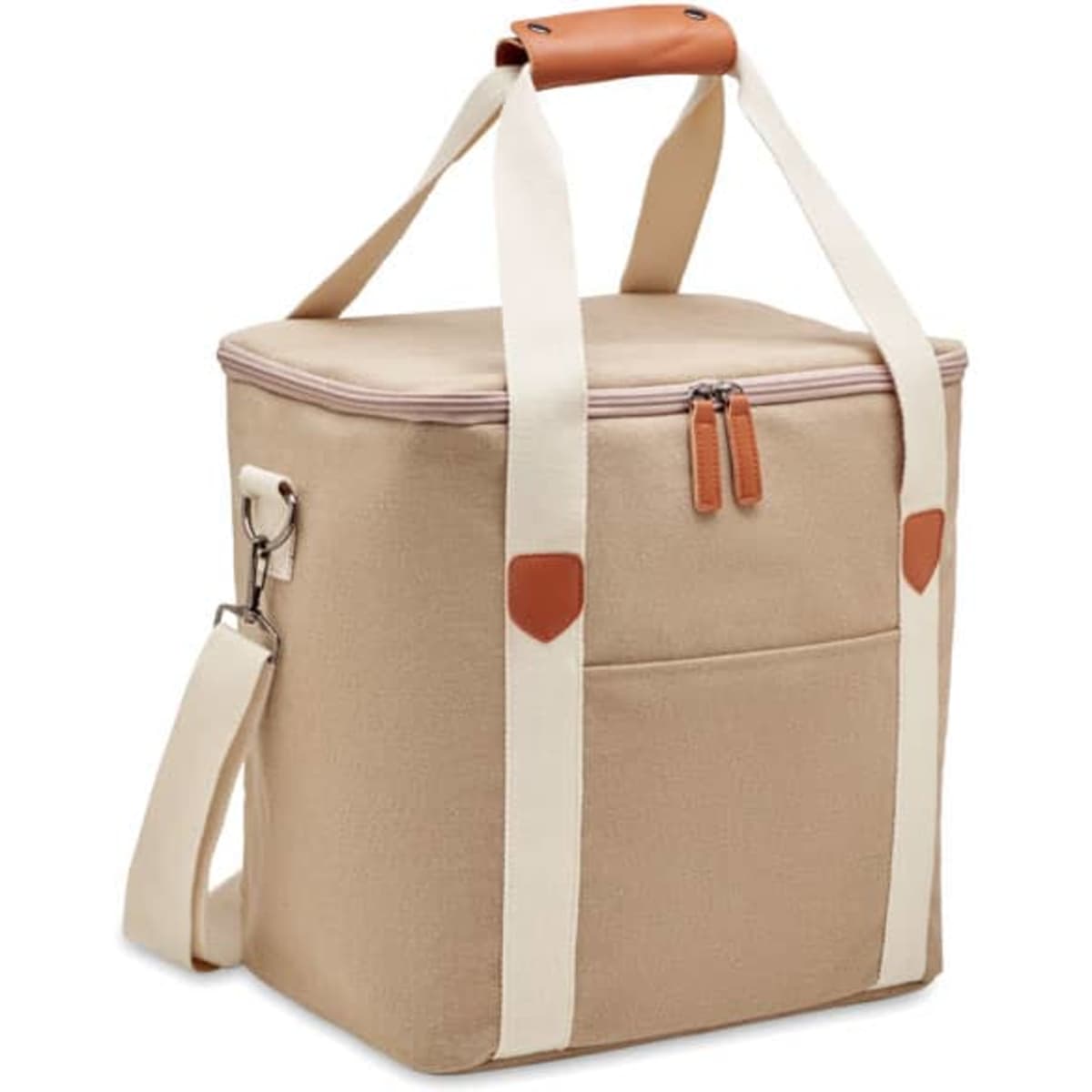 A beige insulated cooler bag with a zippered top, multiple carry straps, and a front pocket. Features a logo.
