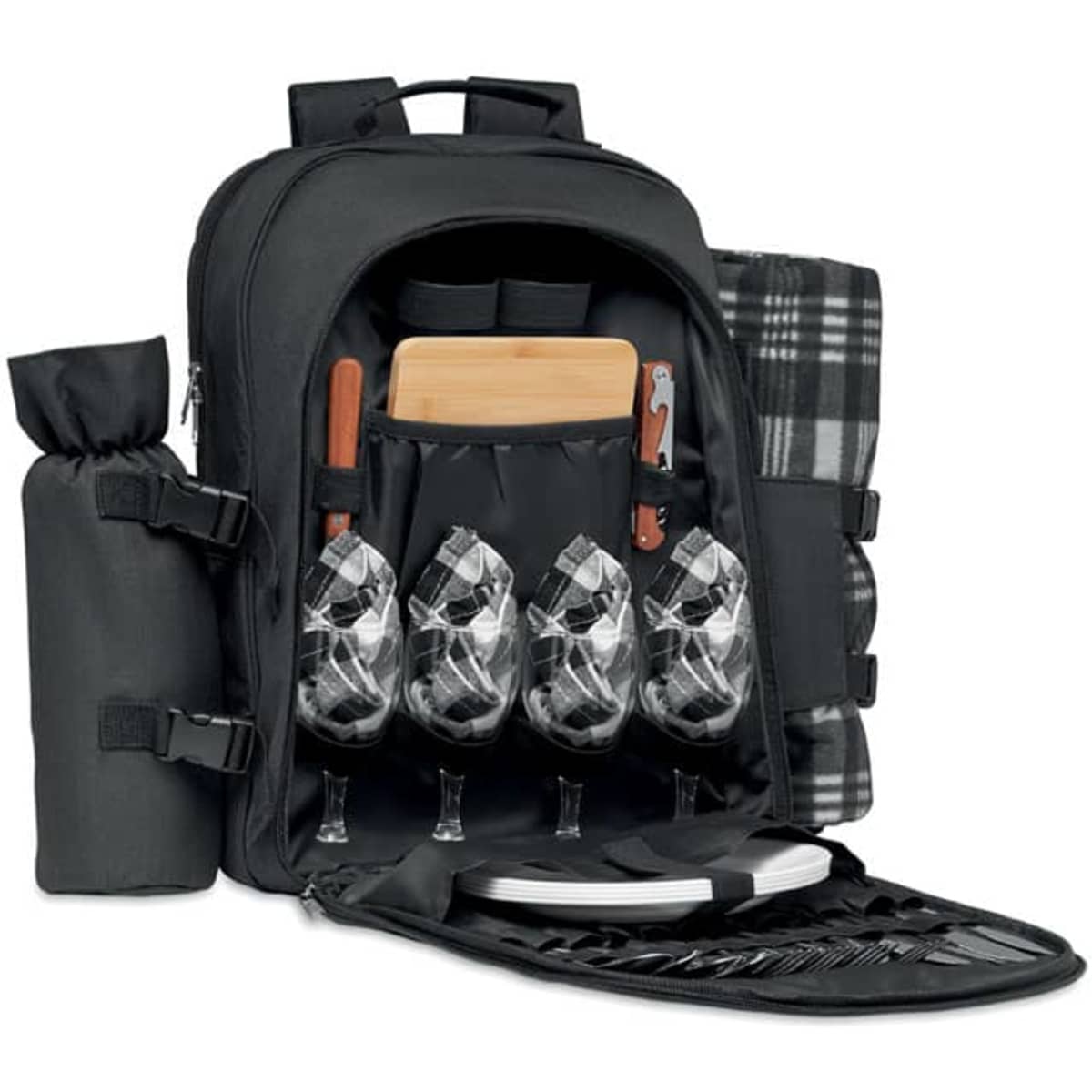 A black backpack containing four wine glasses, plates, a cutting board, and a blanket, with additional pockets.