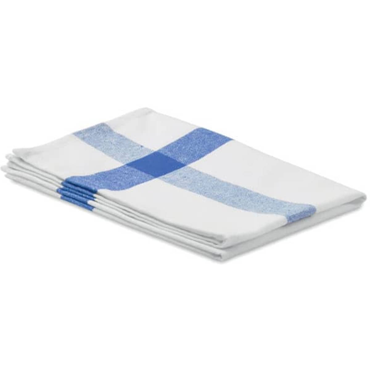 A set of white tea towels featuring blue check patterns folded neatly. The towels have a simple, classic design.