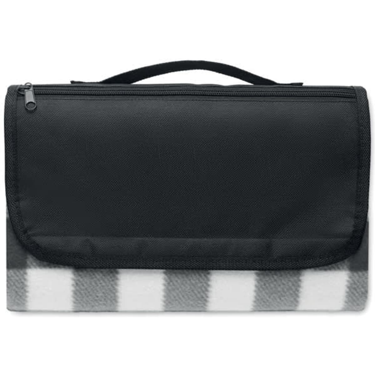 A picnic blanket organiser in black with a checkered white and grey bottom. It features a zip closure and a carrying handle.