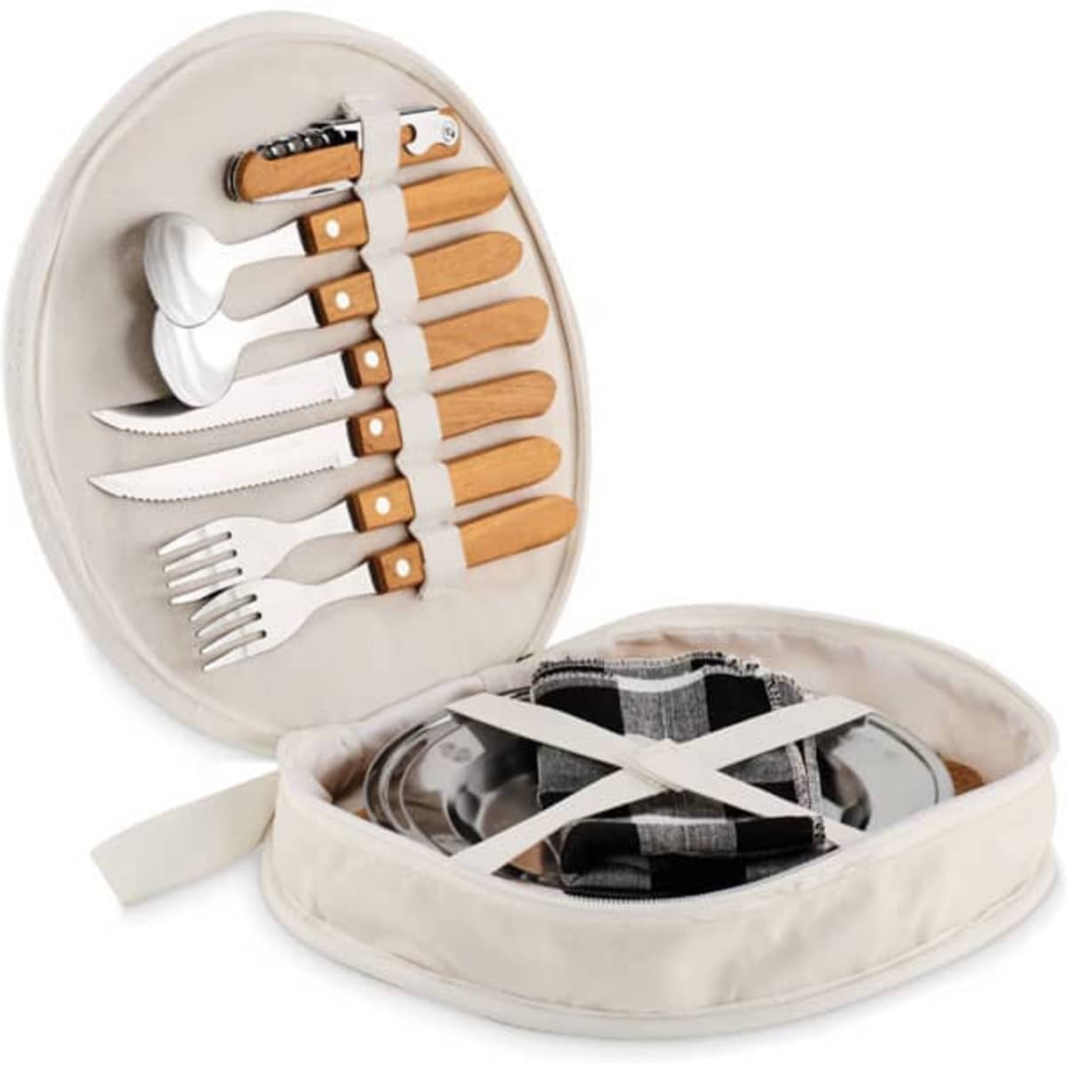 A picnic set featuring stainless steel utensils with wooden handles, neatly arranged in a round cream-coloured case.