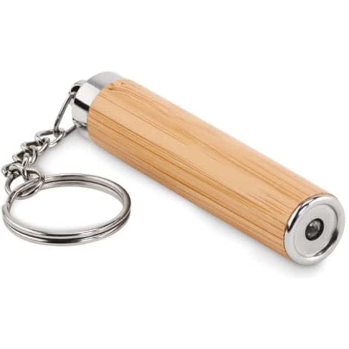 A keychain flashlight featuring a bamboo body with a shiny silver end and a sturdy metal keyring.