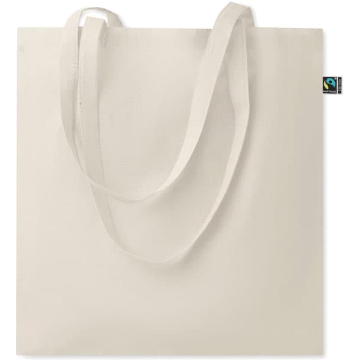 A tote bag in a light cream colour with long handles and a small logo tag.