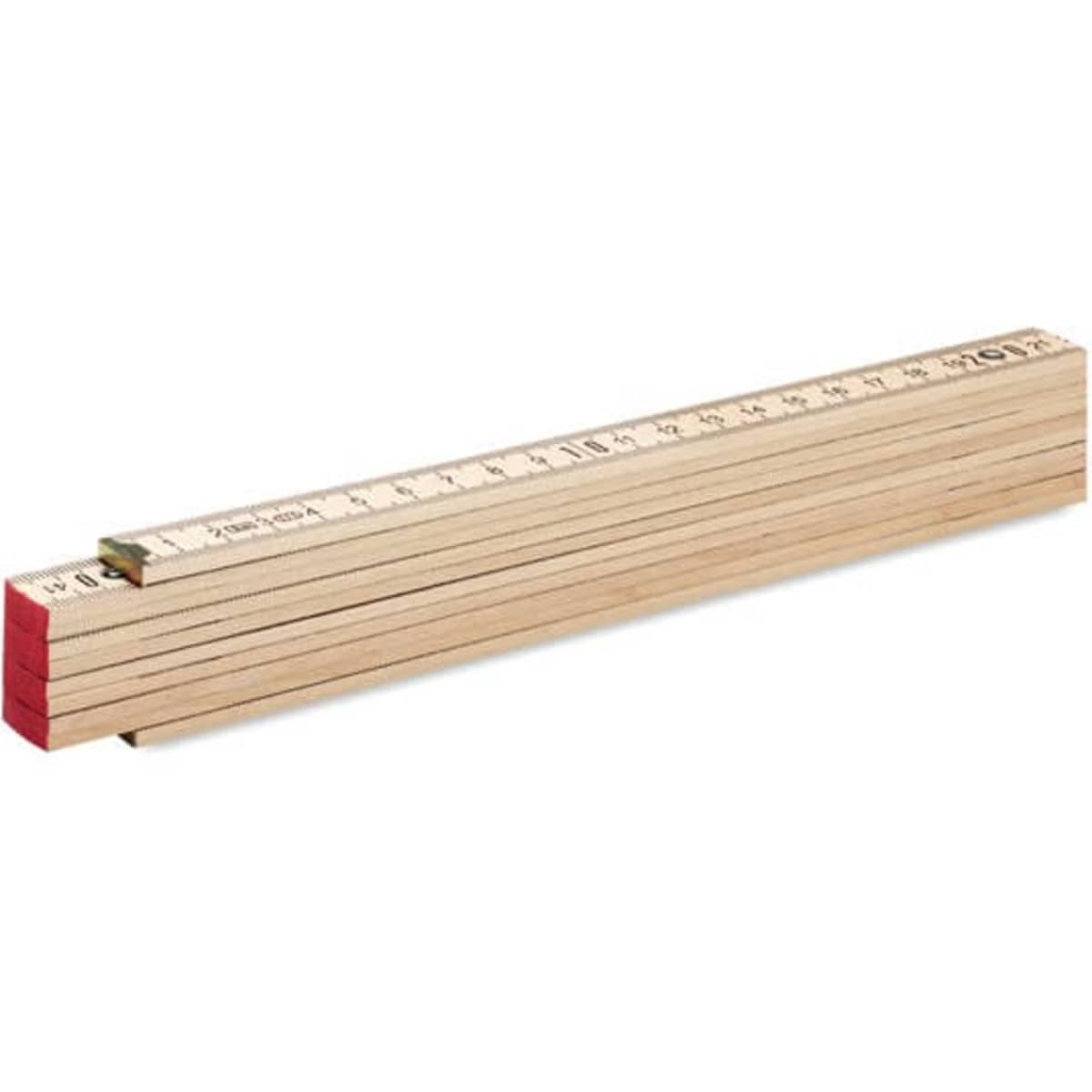 A wooden folding ruler with red ends, featuring marked measurements along its length. It has a simple, functional design.