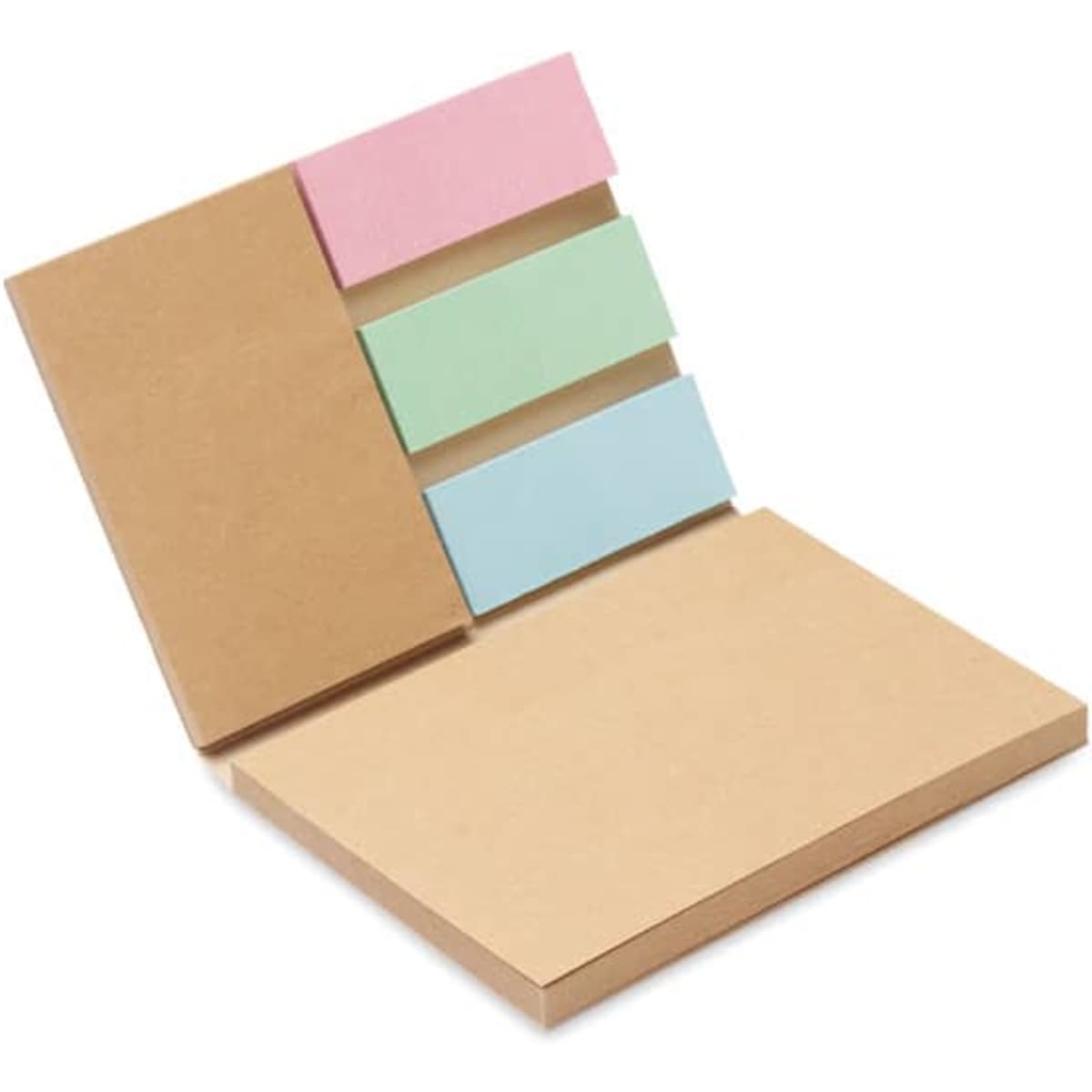 A notepad set featuring a brown cover with four coloured sticky notes in pink, green, and blue.