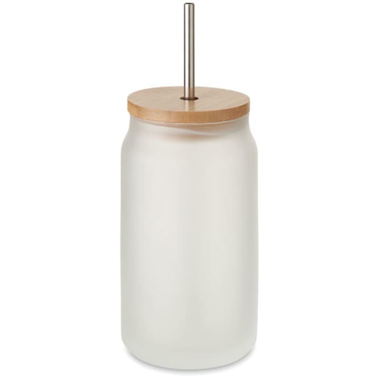 A drink bottle with a frosted glass body, wooden lid, and metal straw, featuring a simple design.