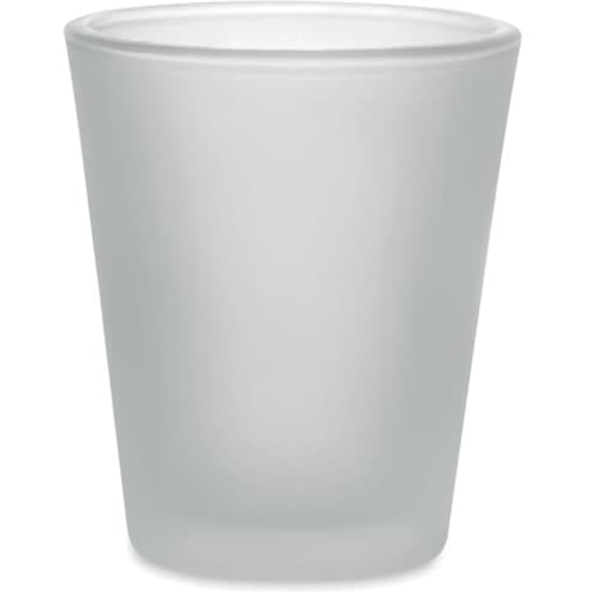 A frosted glass shot glass with a simple, smooth design and a slightly tapered shape.