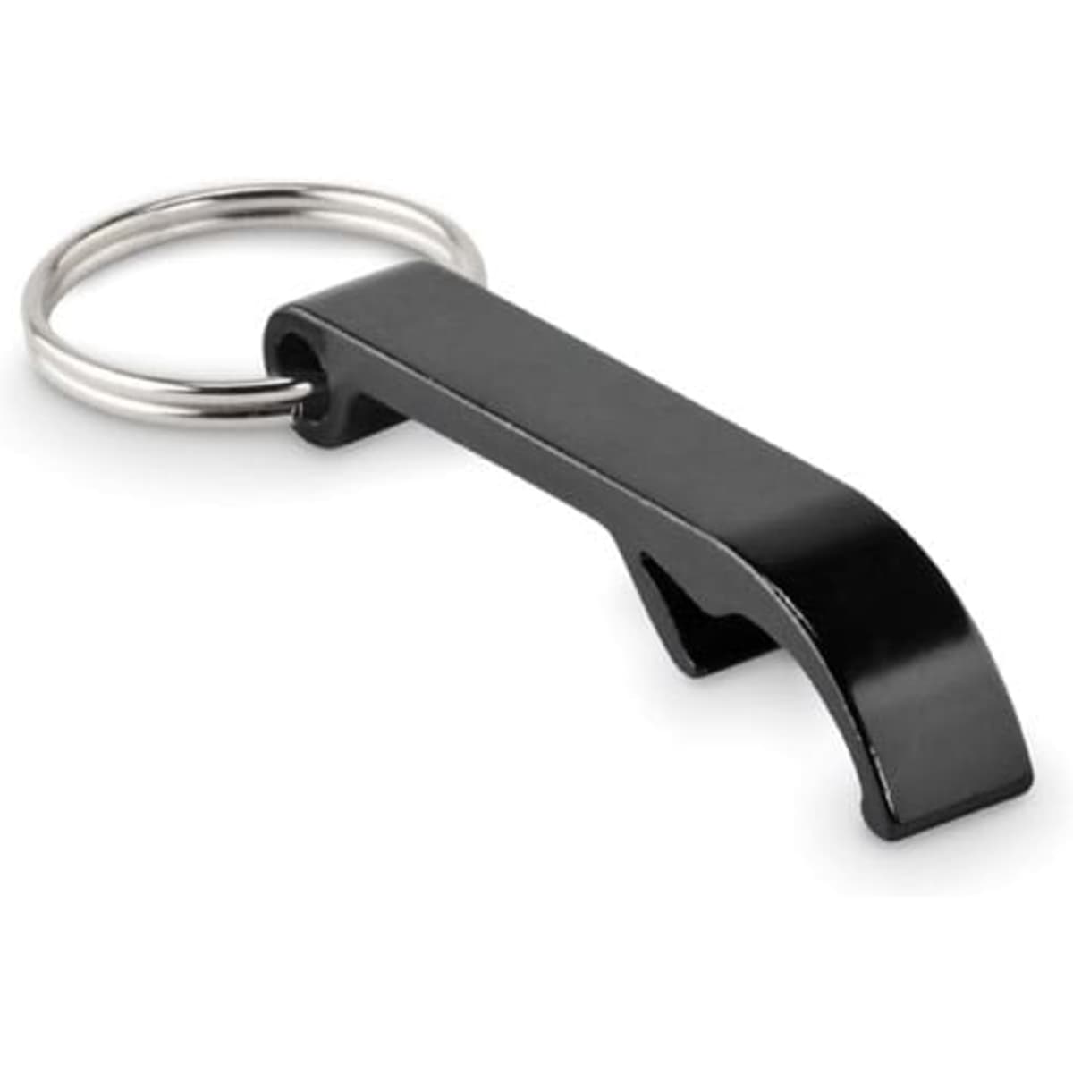 A black keychain bottle opener with a smooth handle and a metal ring for keys.