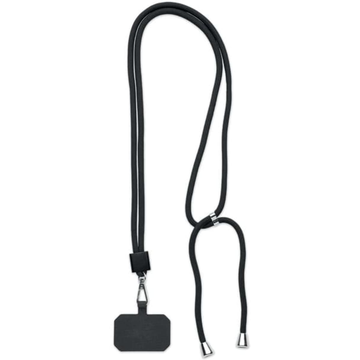 A black bolo tie with a rectangular pendant and metal tips on the ends. It features a simple, minimalist design.