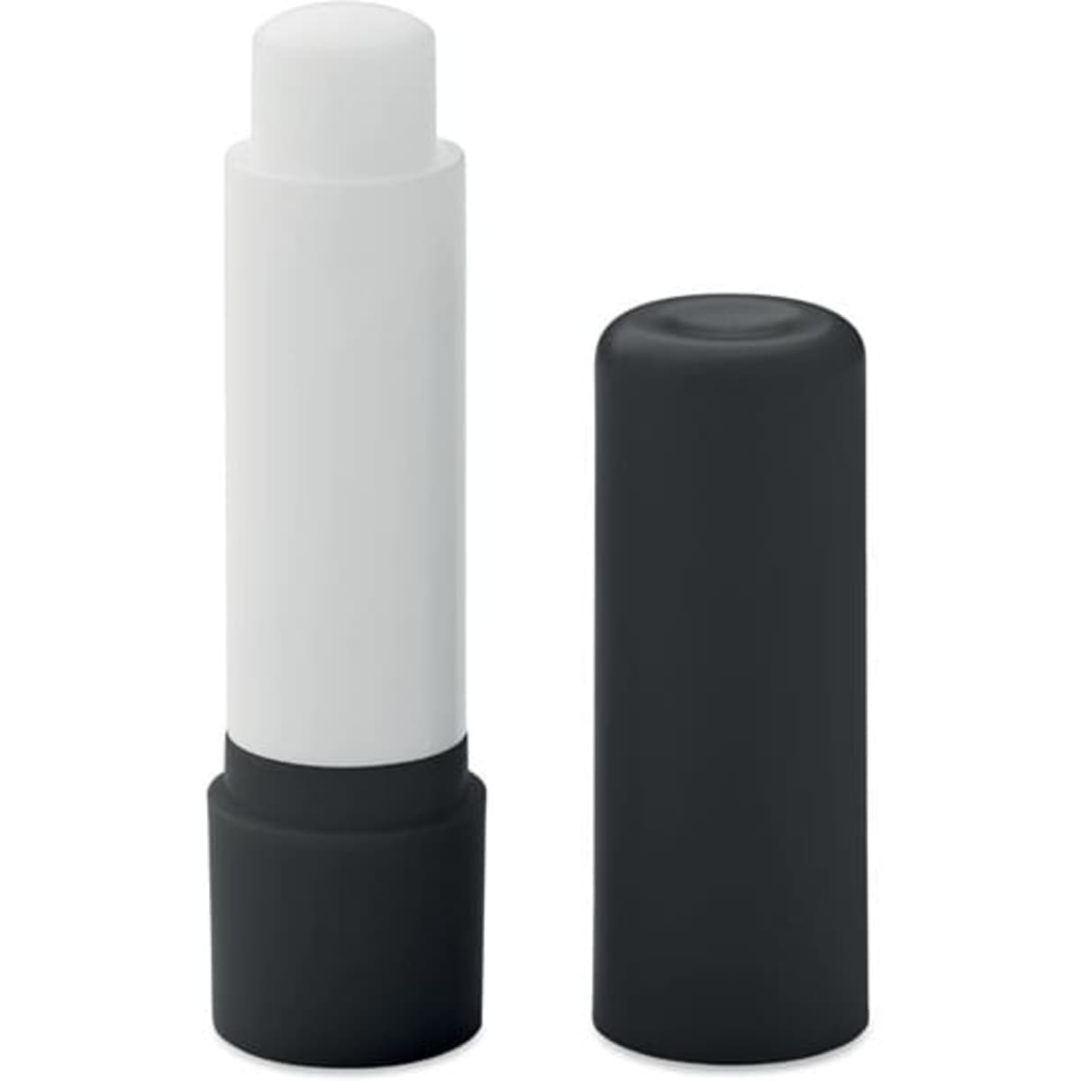 A drink bottle with a white body and black cap, featuring a simple logo on the side.