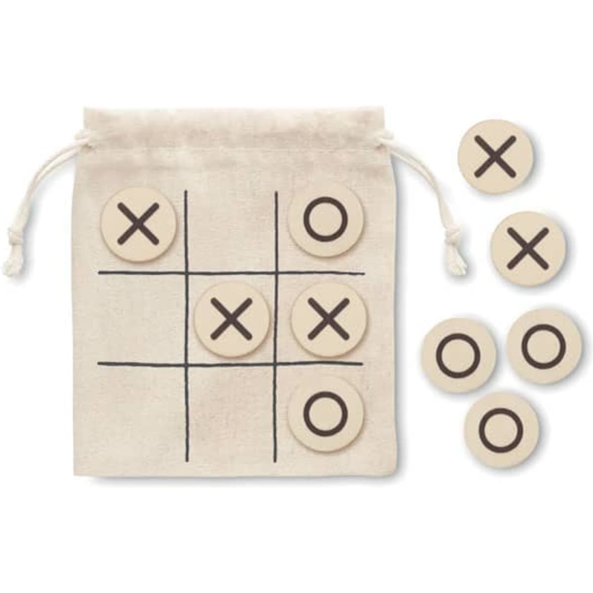 A tic-tac-toe game set with a drawstring bag and wooden tokens in a natural colour.