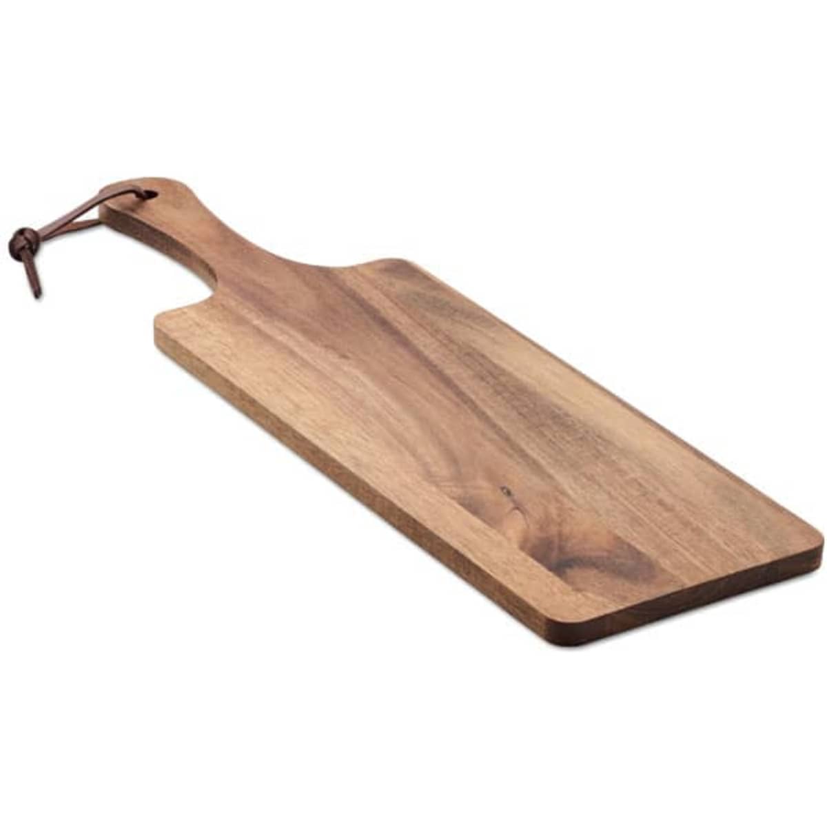 A wooden chopping board with a smooth surface and a leather strap for hanging. The wood features natural grain patterns.