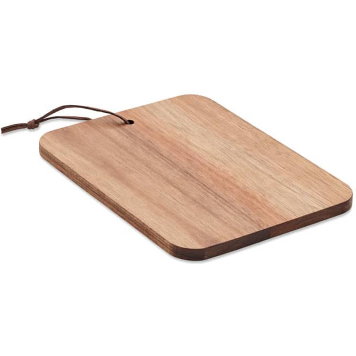 A wooden cutting board with a smooth surface and a leather strap for hanging. It features natural wood tones.