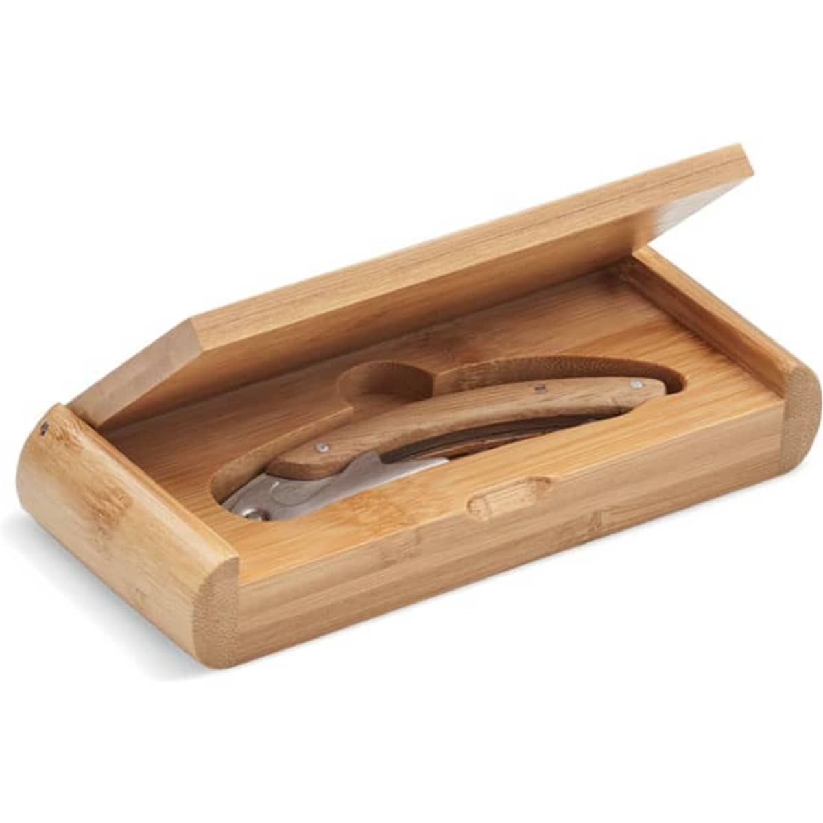 A bamboo box containing a folding knife with a wooden handle. The box has a natural finish and a simple design.