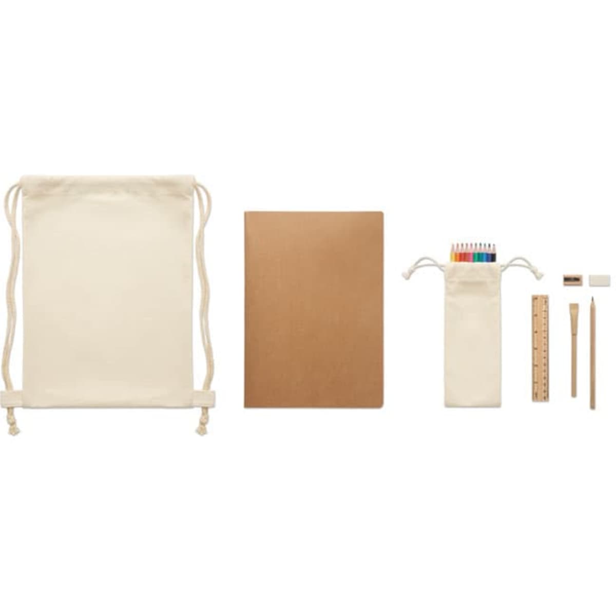 A set of cream drawstring bag, brown notebook, pencil case with stationery, and ruler.