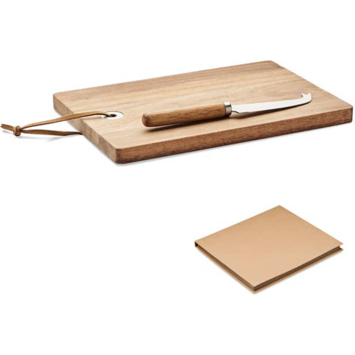A wooden chopping board with a knife and a brown leather pouch. The board has a leather tie for hanging.