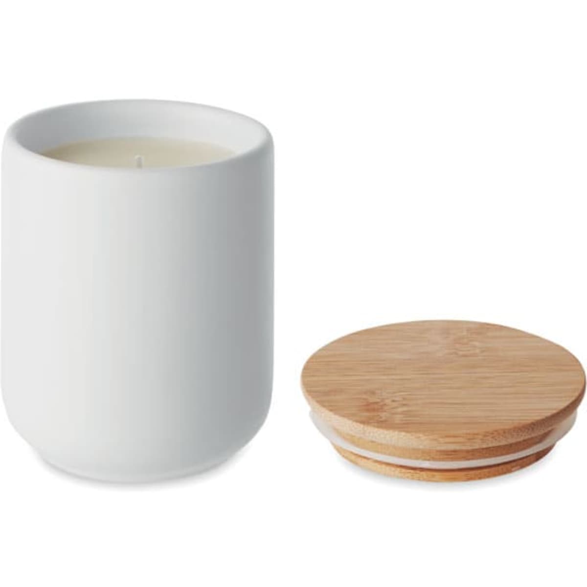 A white candle in a cylindrical holder with a wooden lid beside it. The lid has a smooth, natural wood finish.