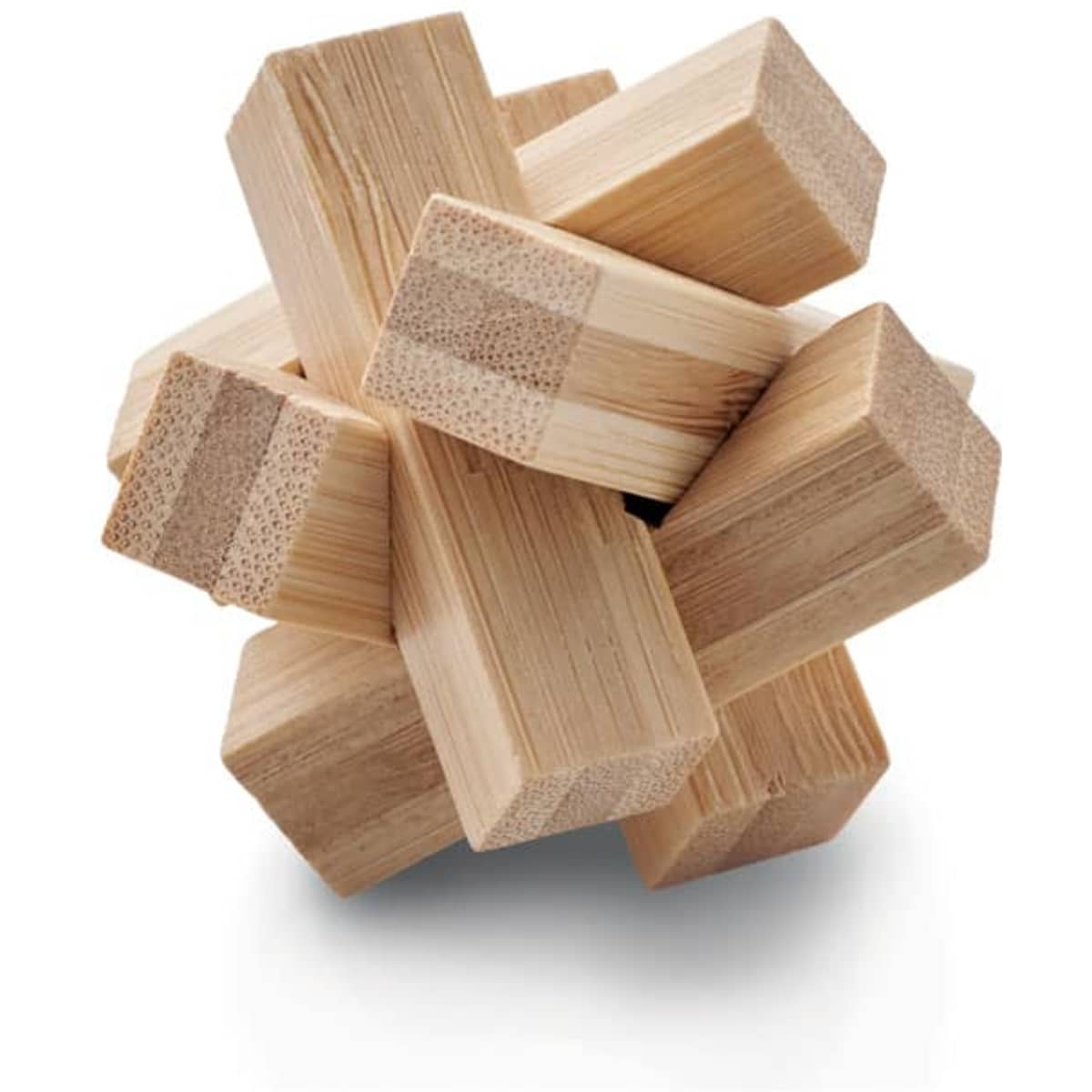 A wooden puzzle made of interlocking pieces, featuring natural wood tones and a complex geometric shape.