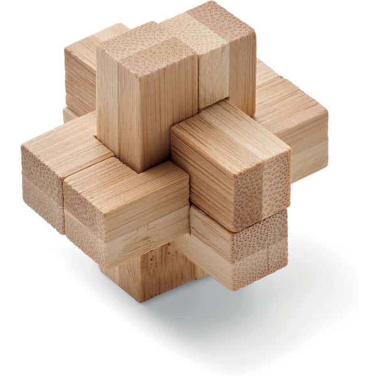 A wooden puzzle made of light-coloured blocks arranged in a 3D cross shape with interlocking sections.