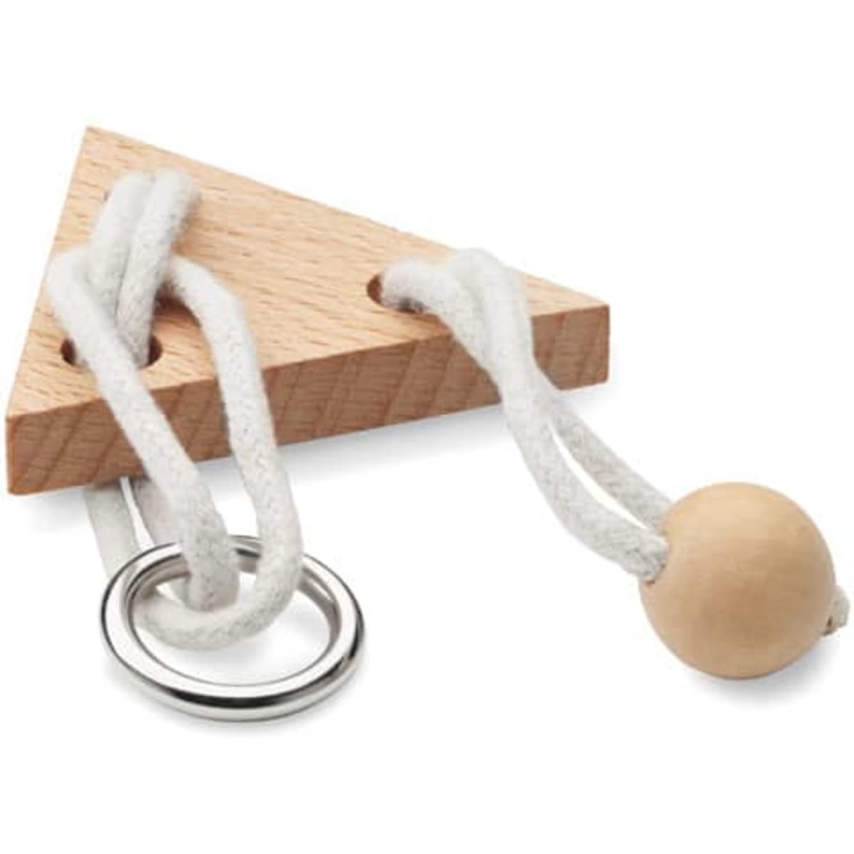 A wooden triangular toy with two white cords, a metal ring, and a wooden ball attached.