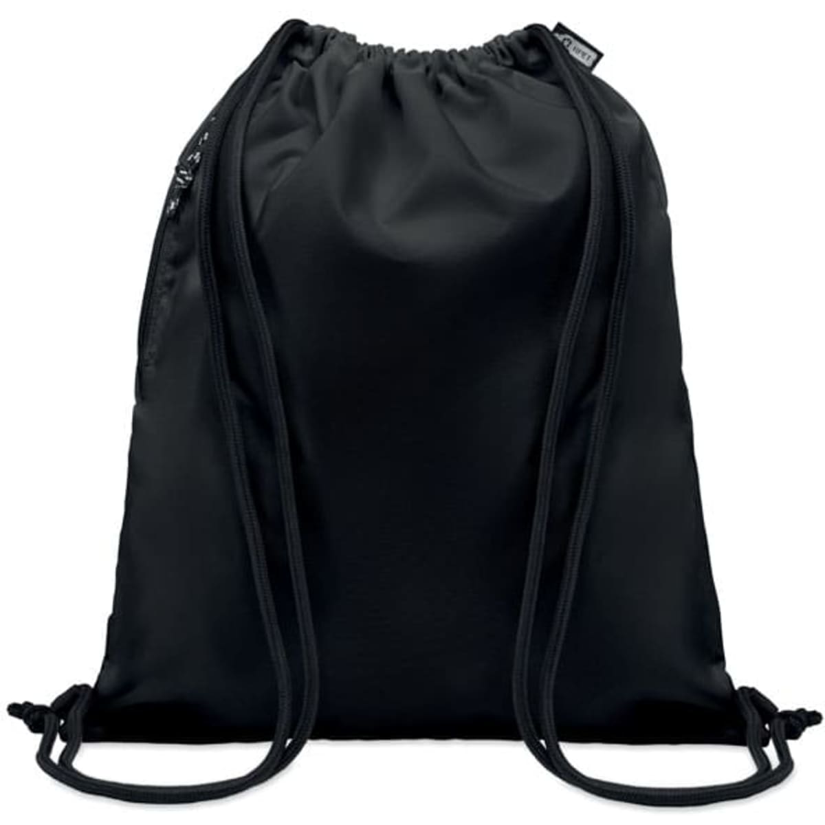 A drawstring backpack in solid black with adjustable cords and a small logo on one side.