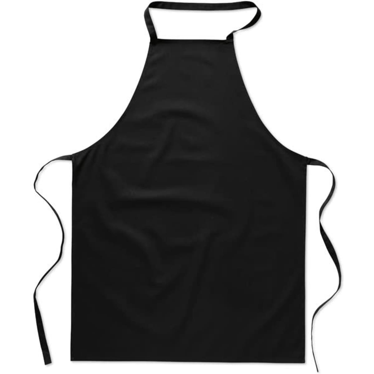 A black apron with long ties and a simple design, suitable for various cooking activities.