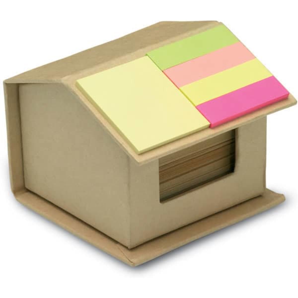 A small house-shaped organiser made of cardboard, featuring colourful sticky notes on the roof.