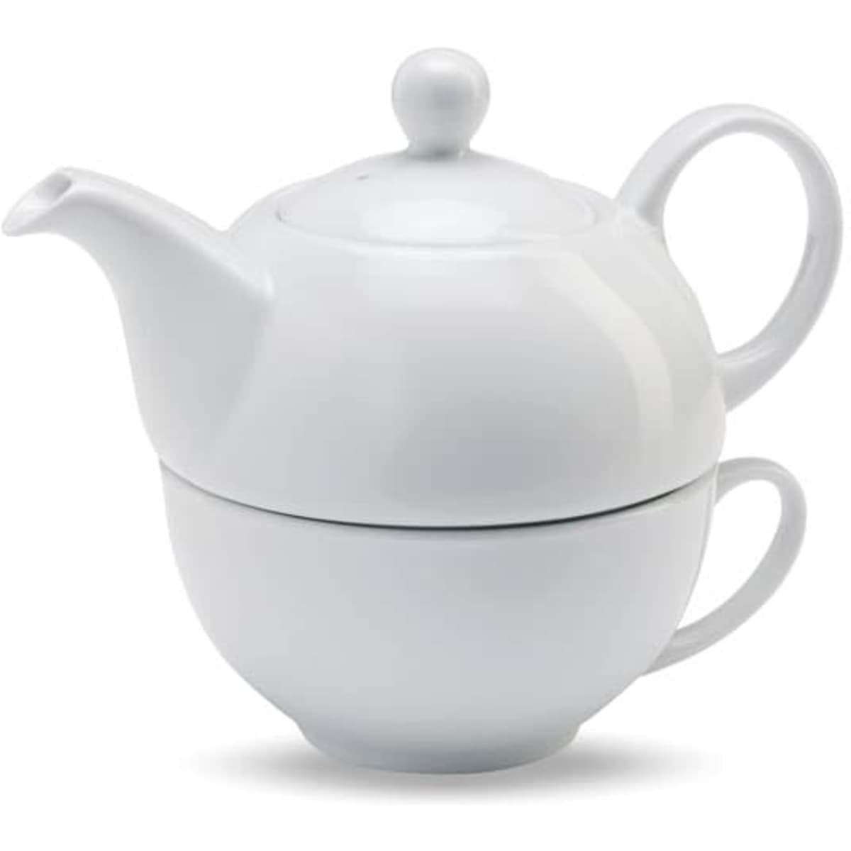 A white tea pot with a lid, paired with a matching teacup, featuring a seamless design and handle.