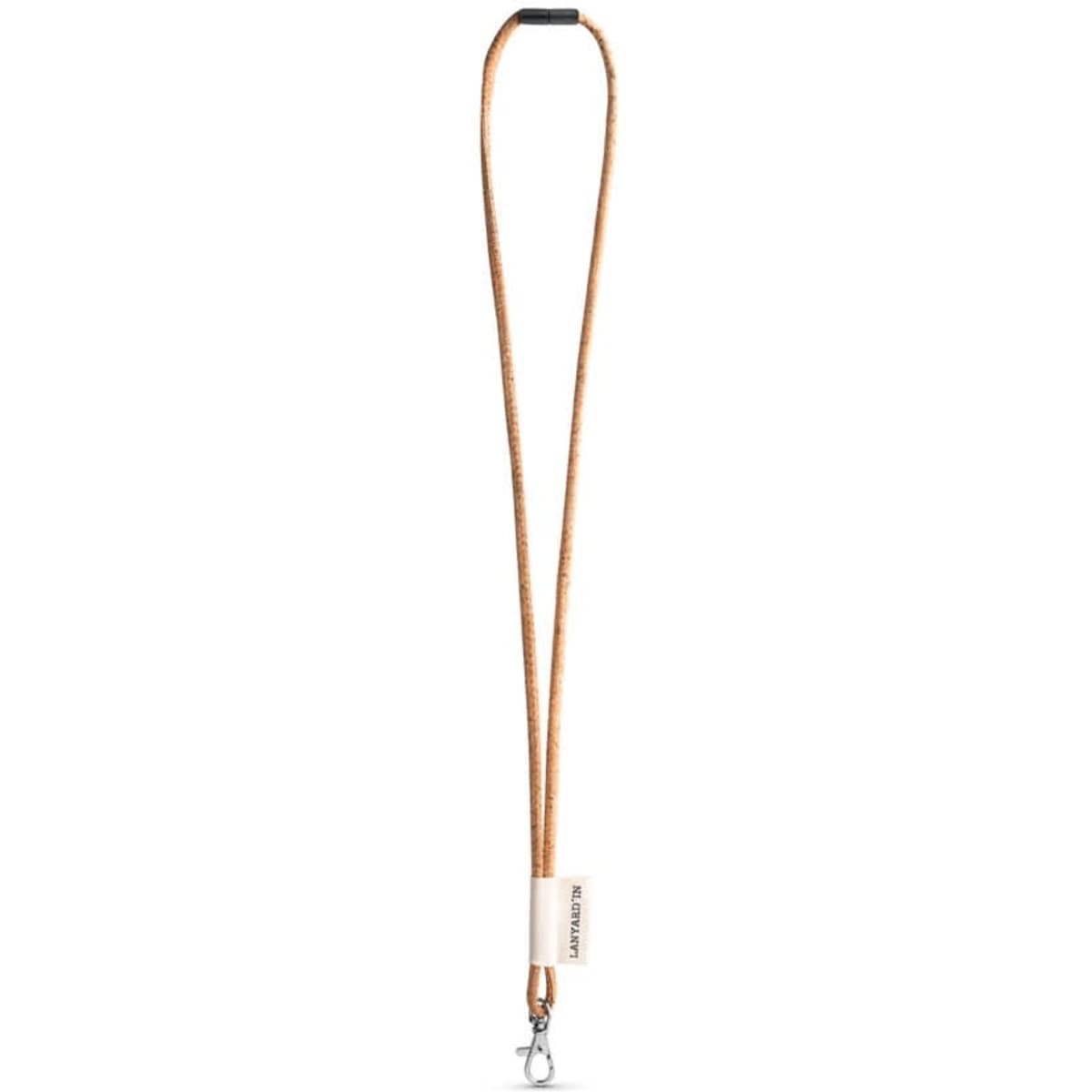 A cork lanyard in a natural brown shade, featuring a hook trigger snap and a safety lock.
