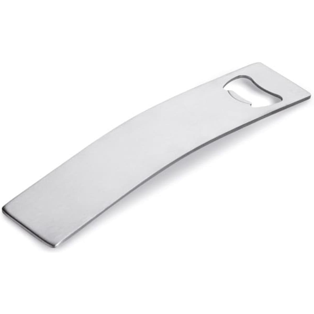 A stainless steel bottle opener with a curved design and a hole for easy gripping.