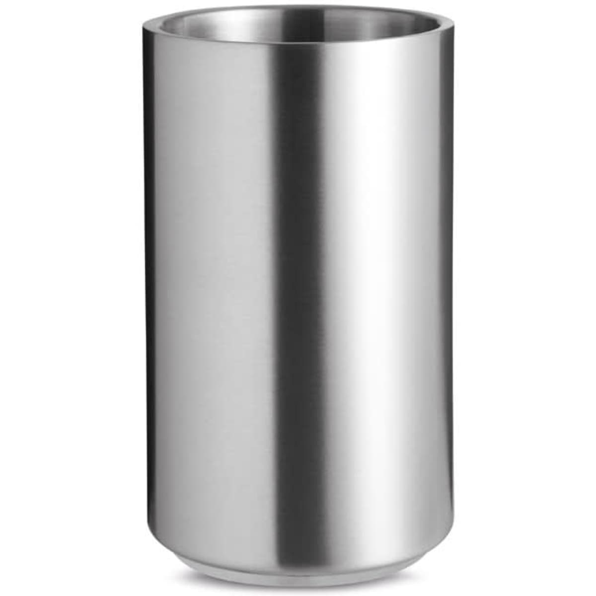 A drink bottle in a sleek stainless steel finish, featuring a smooth, cylindrical design and a logo.