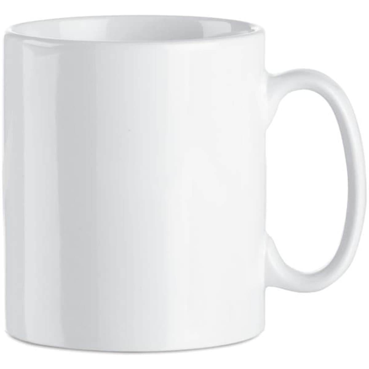 A white ceramic mug with a smooth finish and a sturdy handle. It has no visible branding or design.
