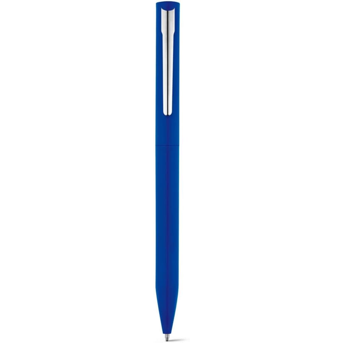 A blue aluminium ball pen with a twist action mechanism and a silver clip. It features a branding logo.