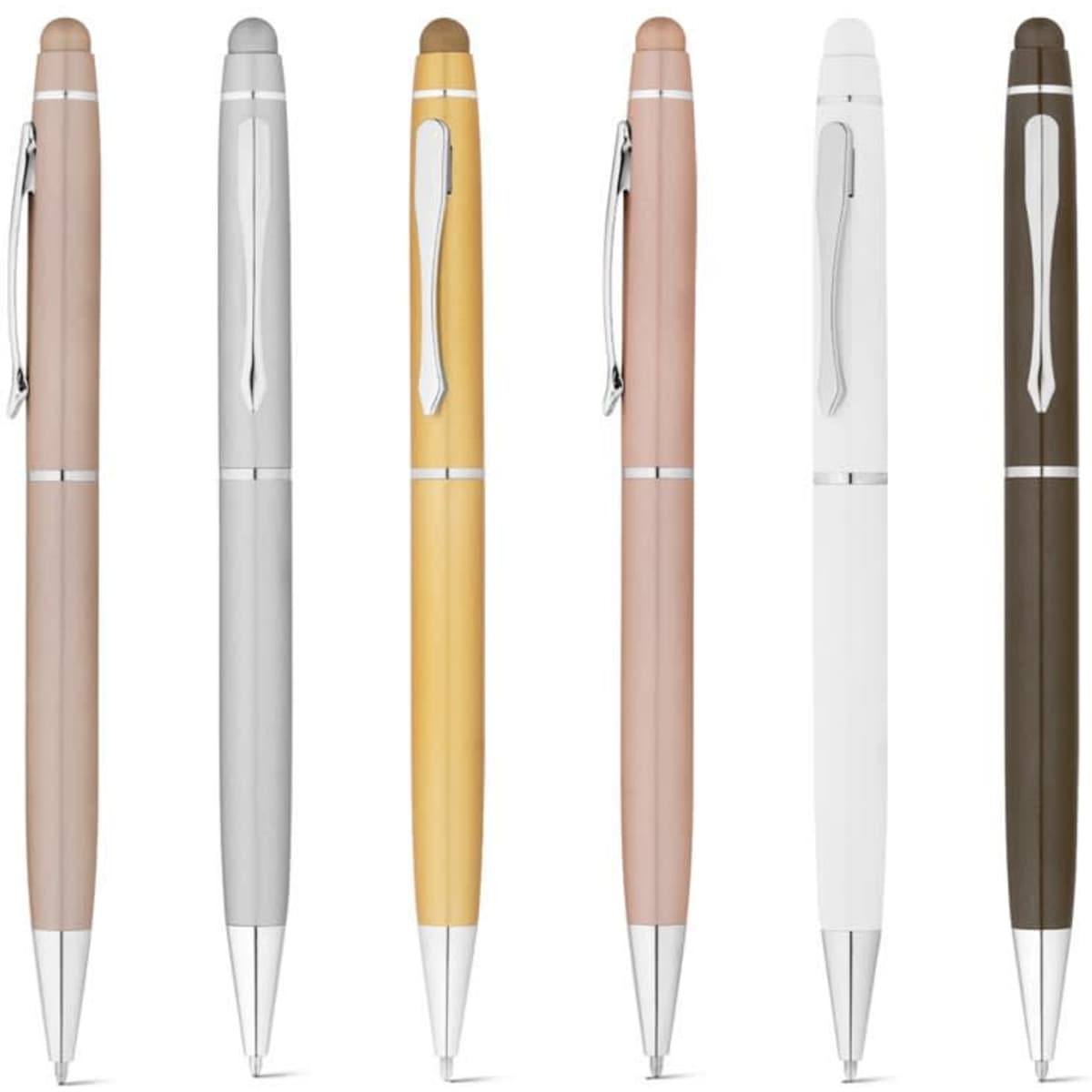 A range of ballpoint pens in recycled aluminium featuring various colours: silver, gold, rose, white, and brown, with branding.