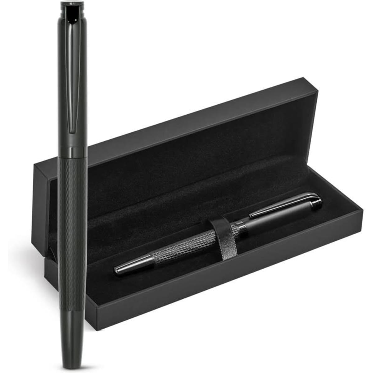 A black metal roller pen displayed in a sleek black box with a soft interior. The box has a secure strap.