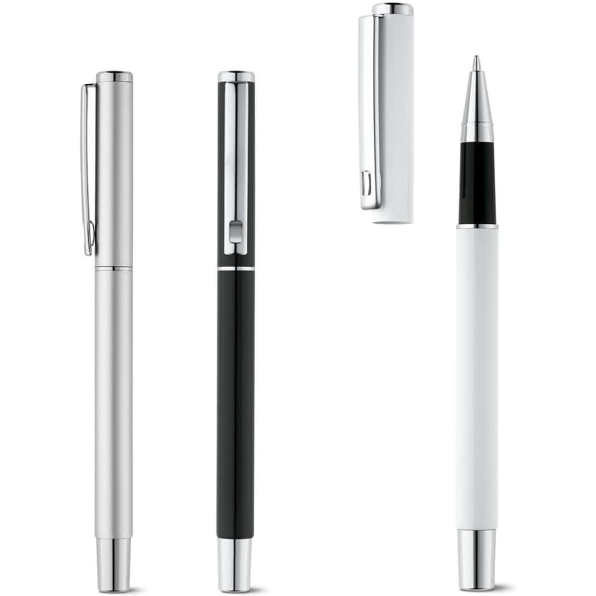 A set of three rollerball pens in silver, black, and white, each featuring a clip and sleek designs.