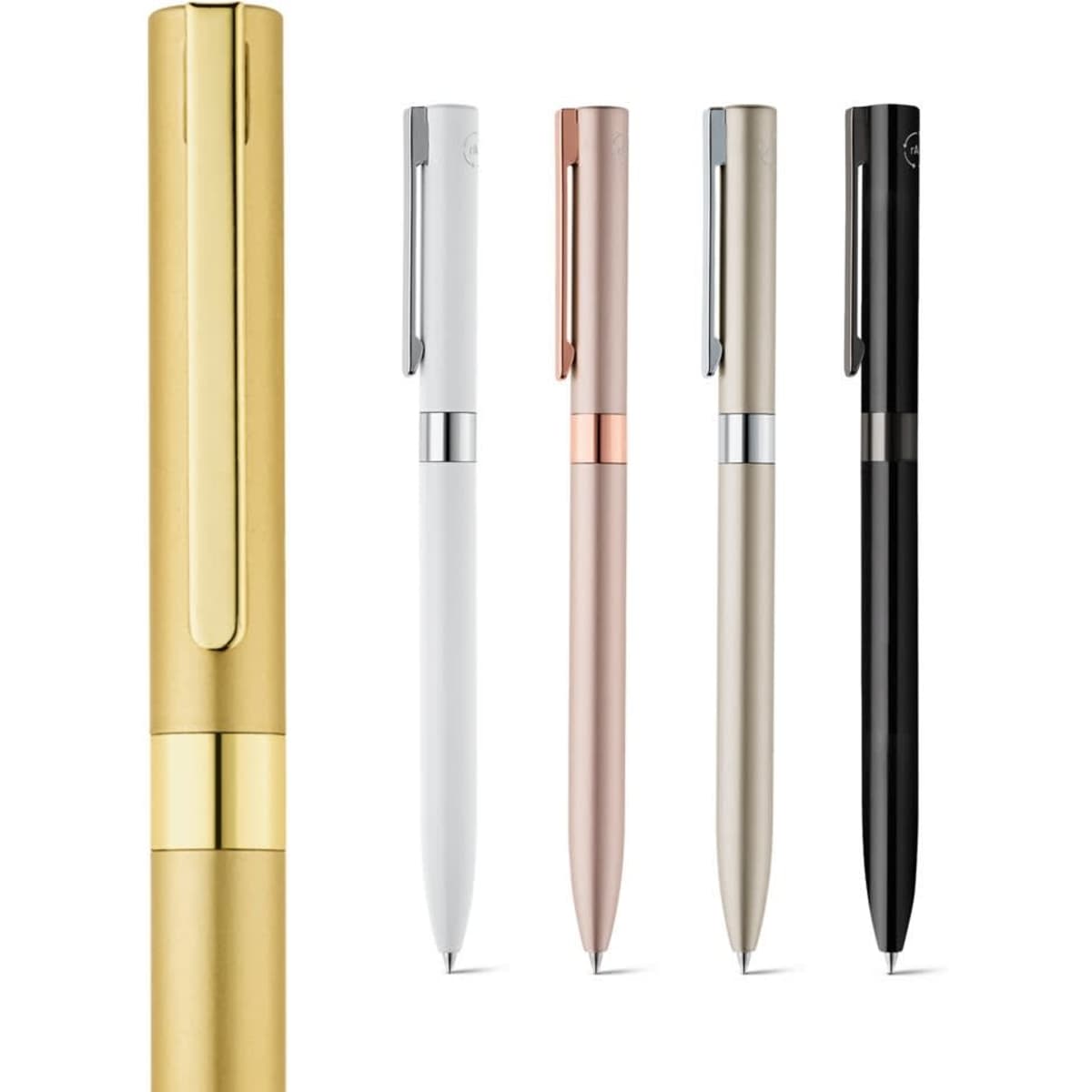 A twist action ball pen set featuring gold, white, rose gold, silver, and black colours, with a clip design and branding.