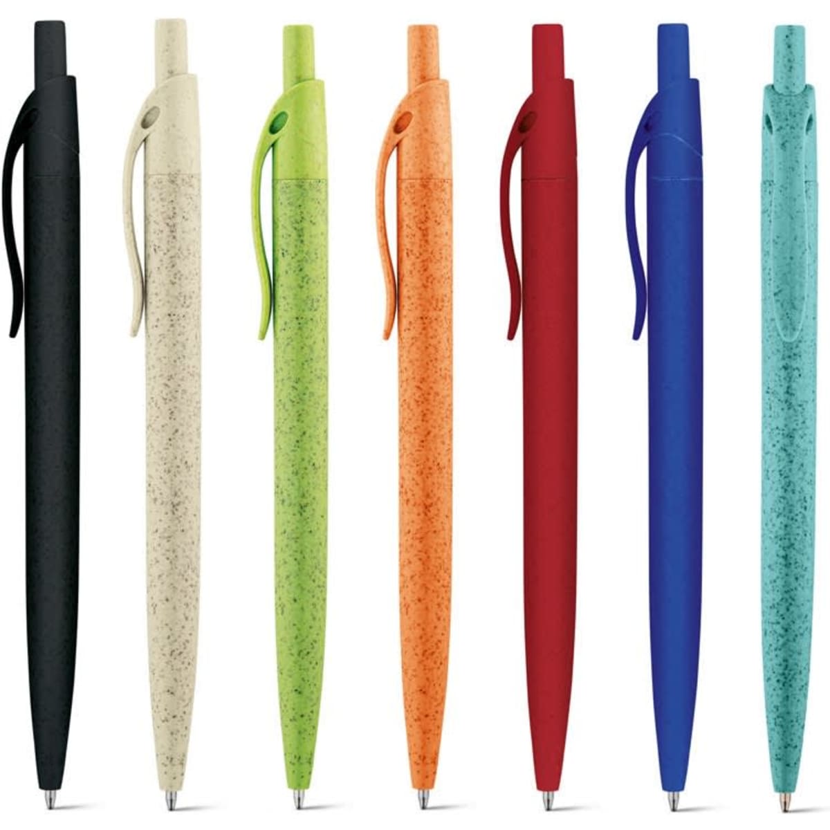A set of ballpoint pens in black, cream, green, orange, red, and blue, featuring clips and a logo.