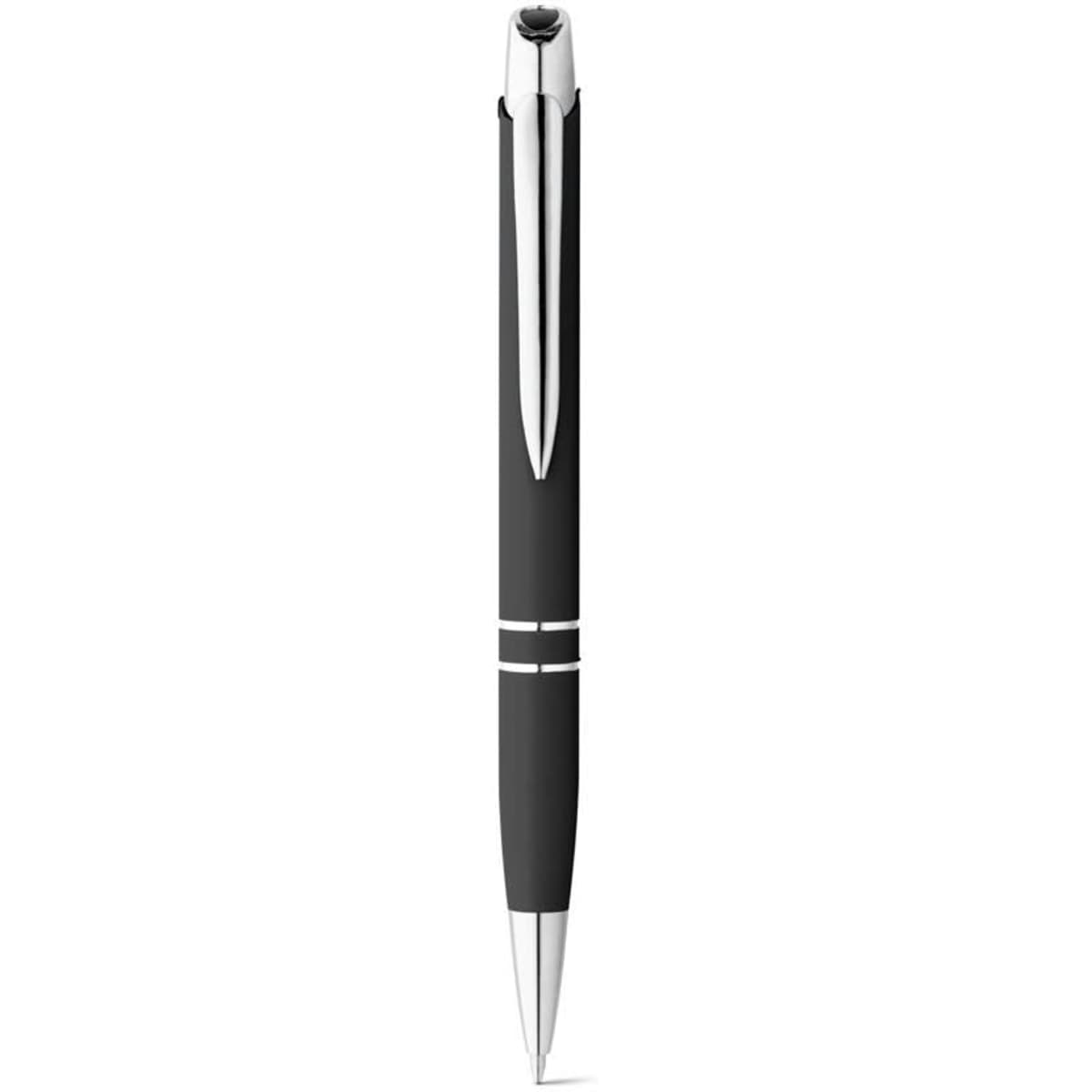 A black aluminium ball pen with a silver clip and accents, featuring a logo.