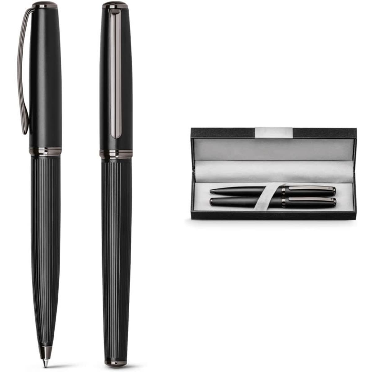 A black metal rollerball and ballpoint pen set in a sleek presentation box with a logo.