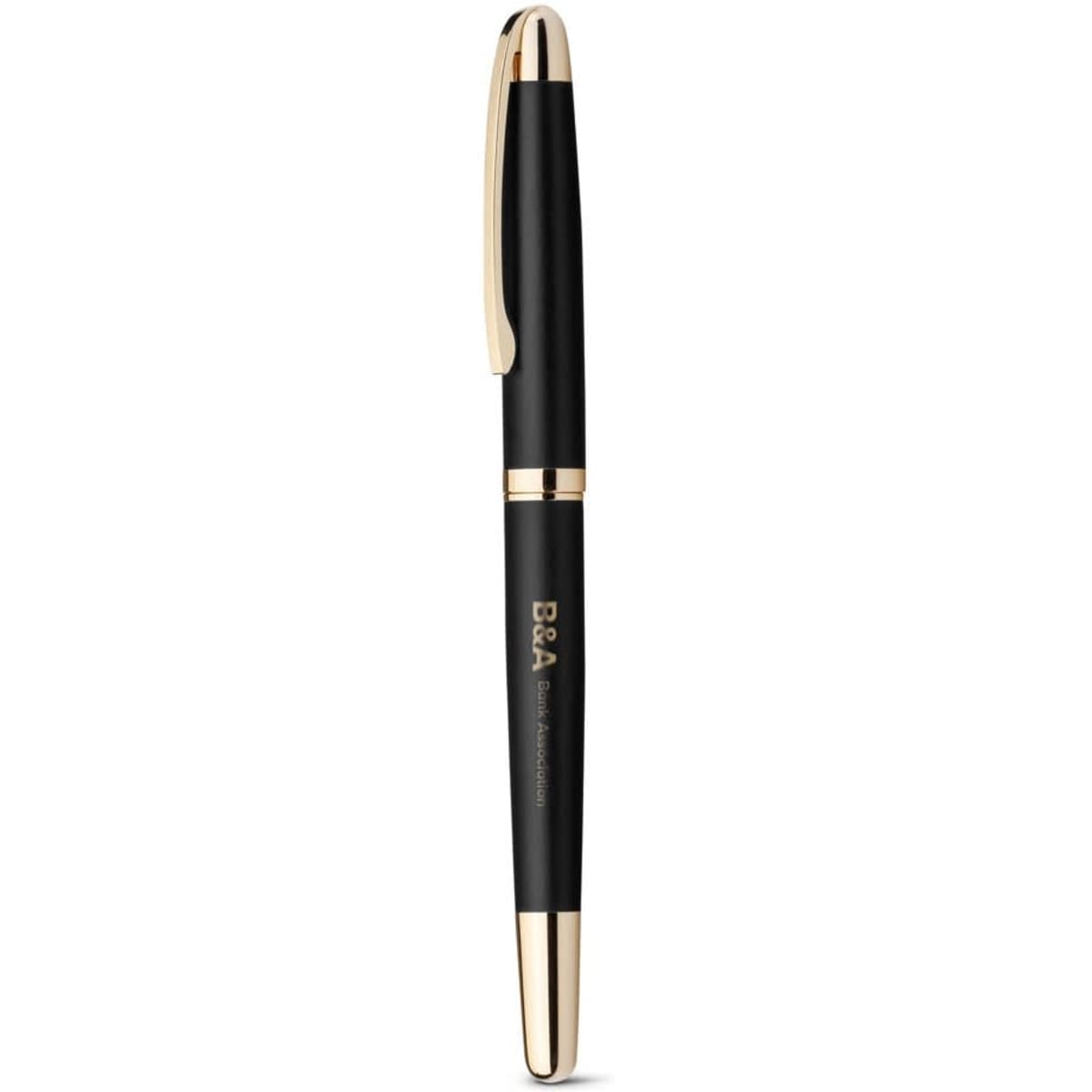 A black rollerball pen with gold trim. It features a logo on the barrel.