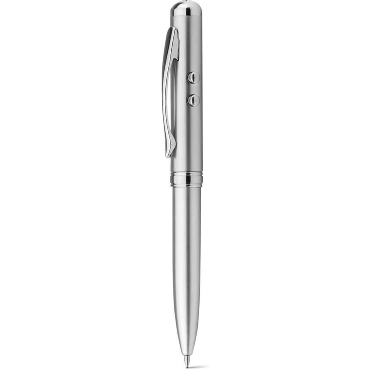 A multifunction ball pen in metal, featuring a sleek silver design and a clip for easy attachment.