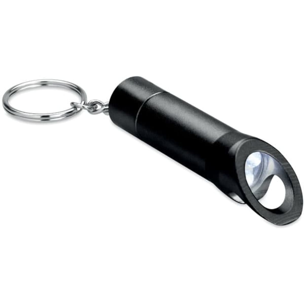 A keychain flashlight in black with a metal ring, featuring a small LED light at the end.