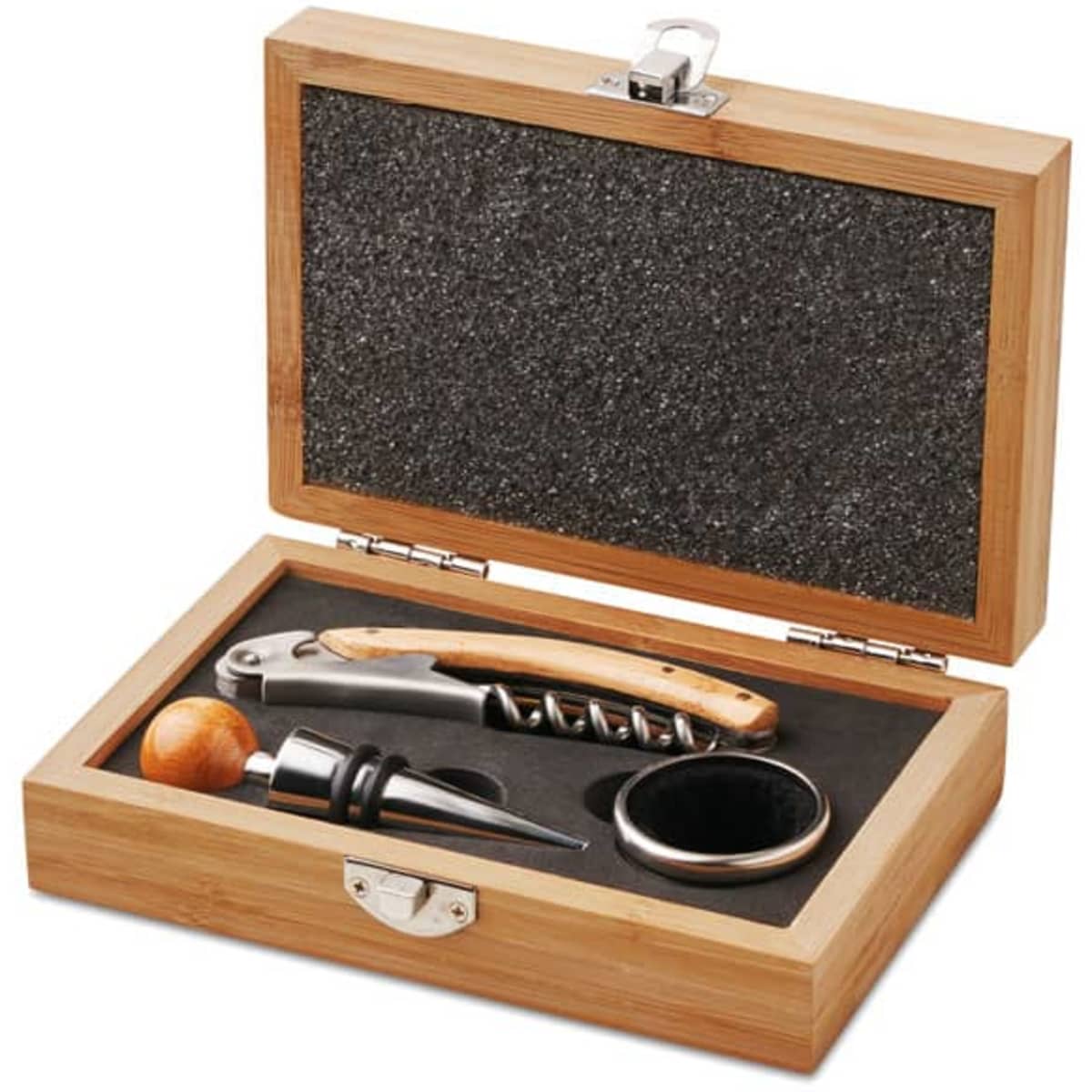 A corkscrew set in a wooden box, featuring a corkscrew, a pourer, and a bottle ring.