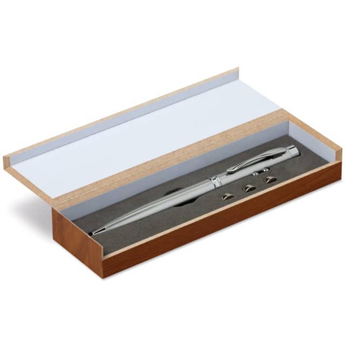A sleek silver pen in a wooden gift box, with a soft inner lining and three decorative elements.